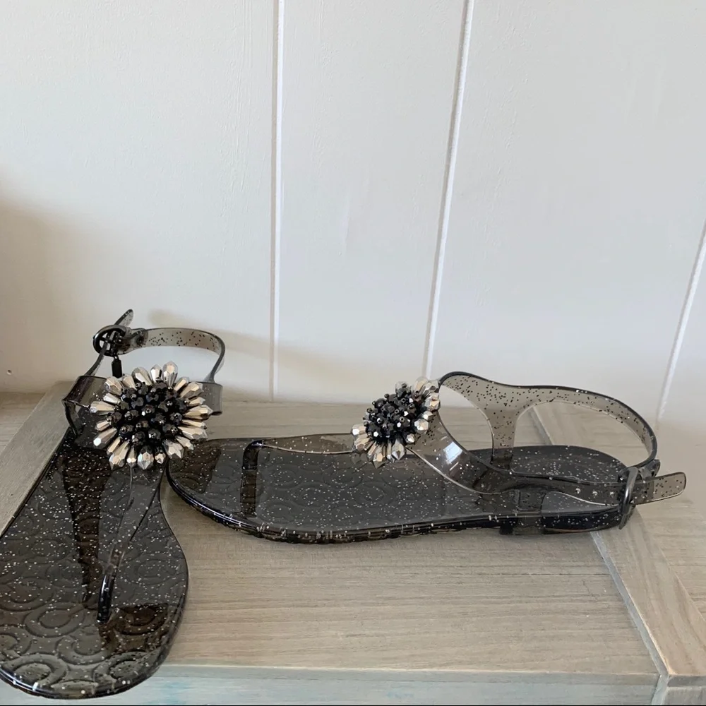 Coach Smoky Black Jelly Sandals with Crystal Flower Accent